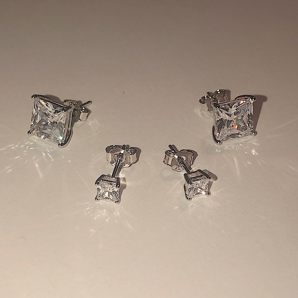 STERLING Silver Princess Cut Clear Cz Stud Earrings x2 - 8mm & 5mm